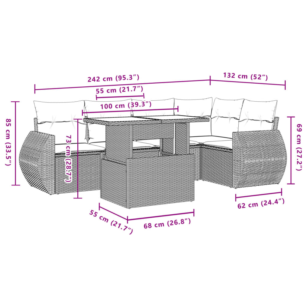 Set Divano da Giardino 6 pz con Cuscini Marrone in Polyrattan