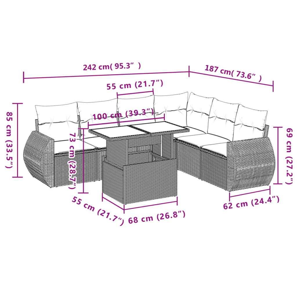 Set Divani da Giardino 7 pz con Cuscini Marrone in Polyrattan