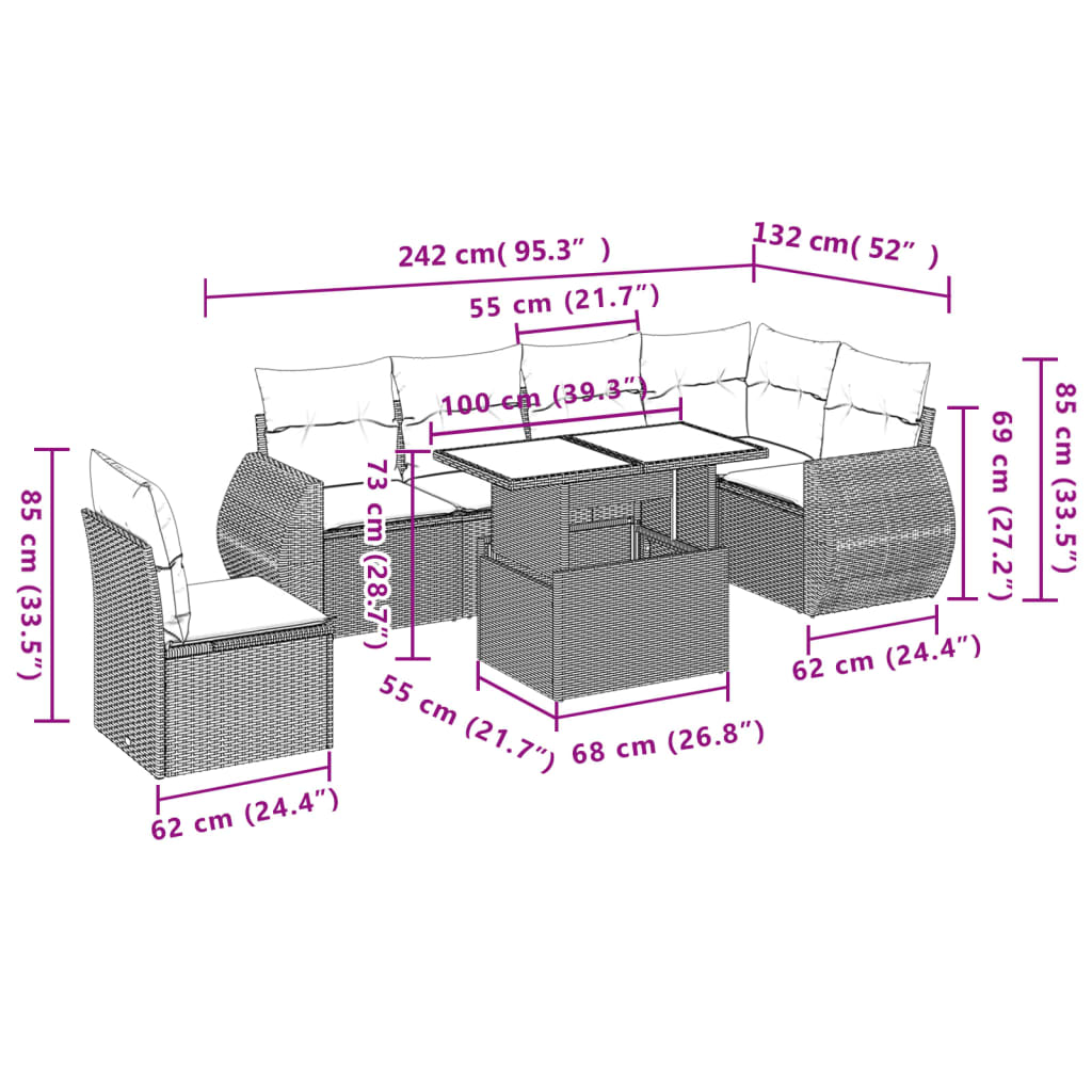 Set Divani da Giardino 7 pz con Cuscini Marrone in Polyrattan