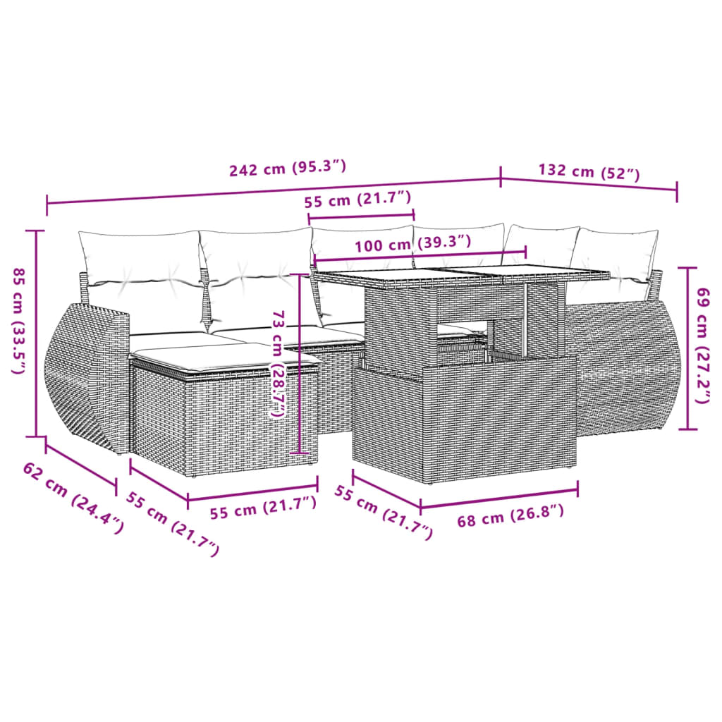 Set Divani da Giardino 7 pz con Cuscini Marrone in Polyrattan