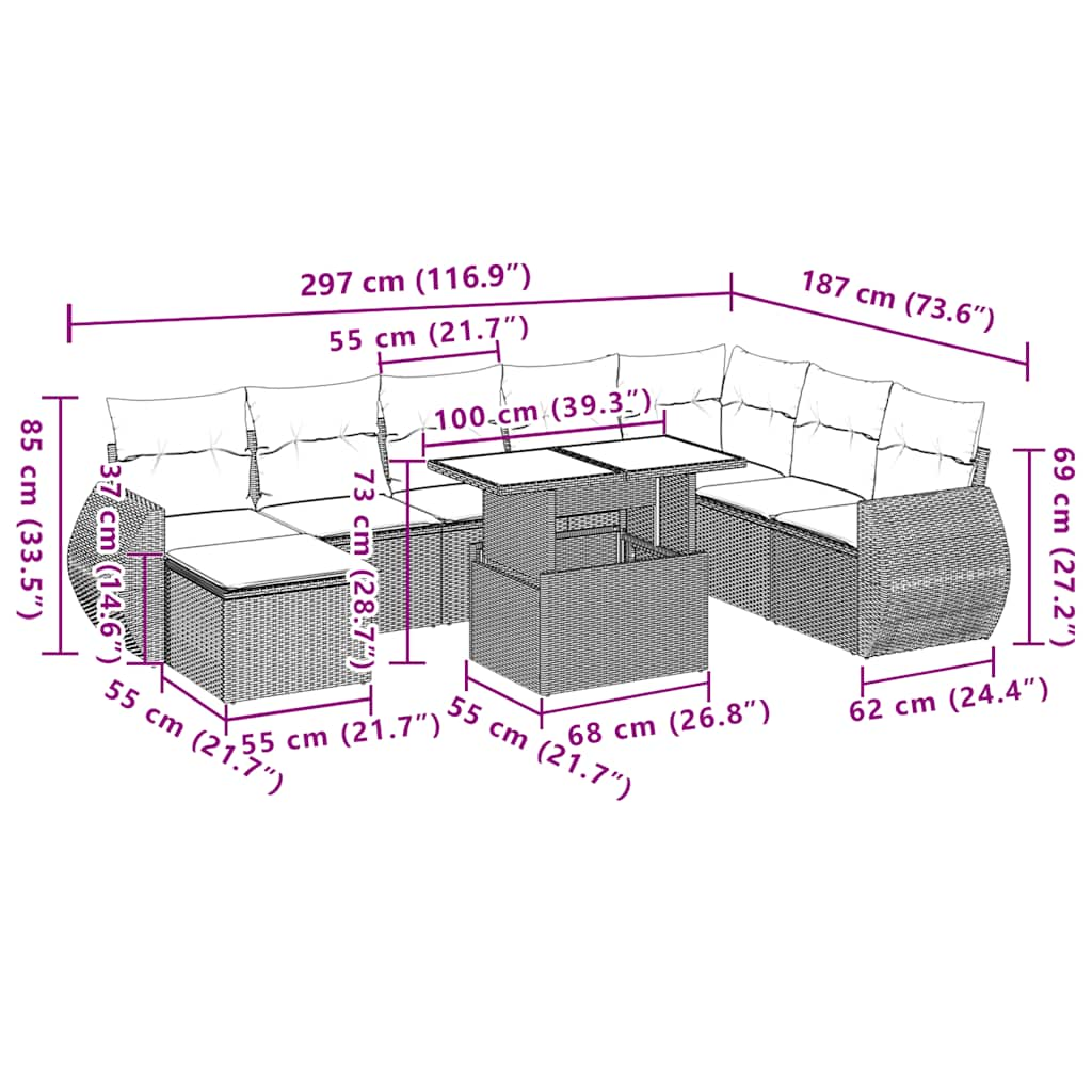 Set Divani da Giardino 9pz con Cuscini Marrone in Polyrattan