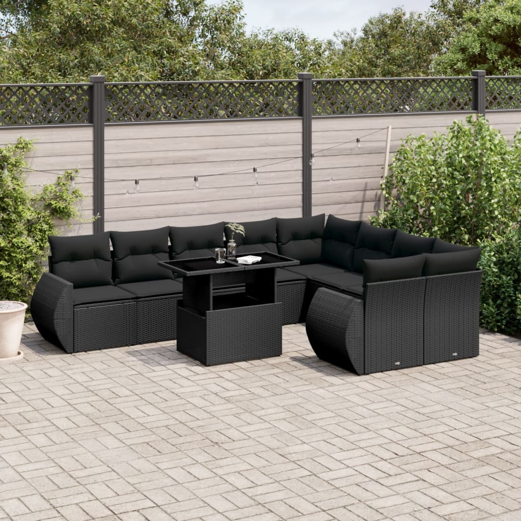 Set Divani da Giardino 10pz con Cuscini in Polyrattan Nero