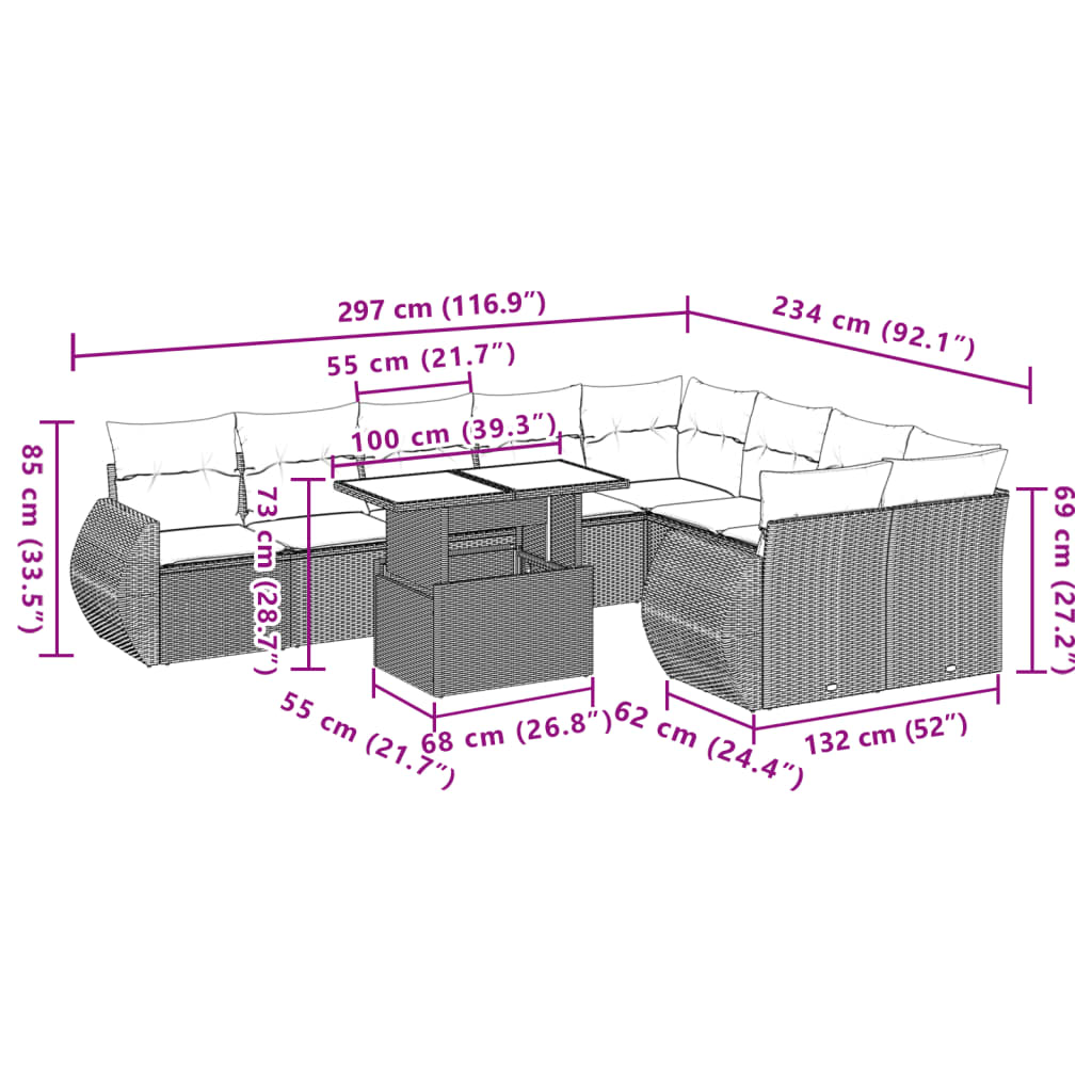 Set Divani da Giardino 10pz con Cuscini in Polyrattan Marrone