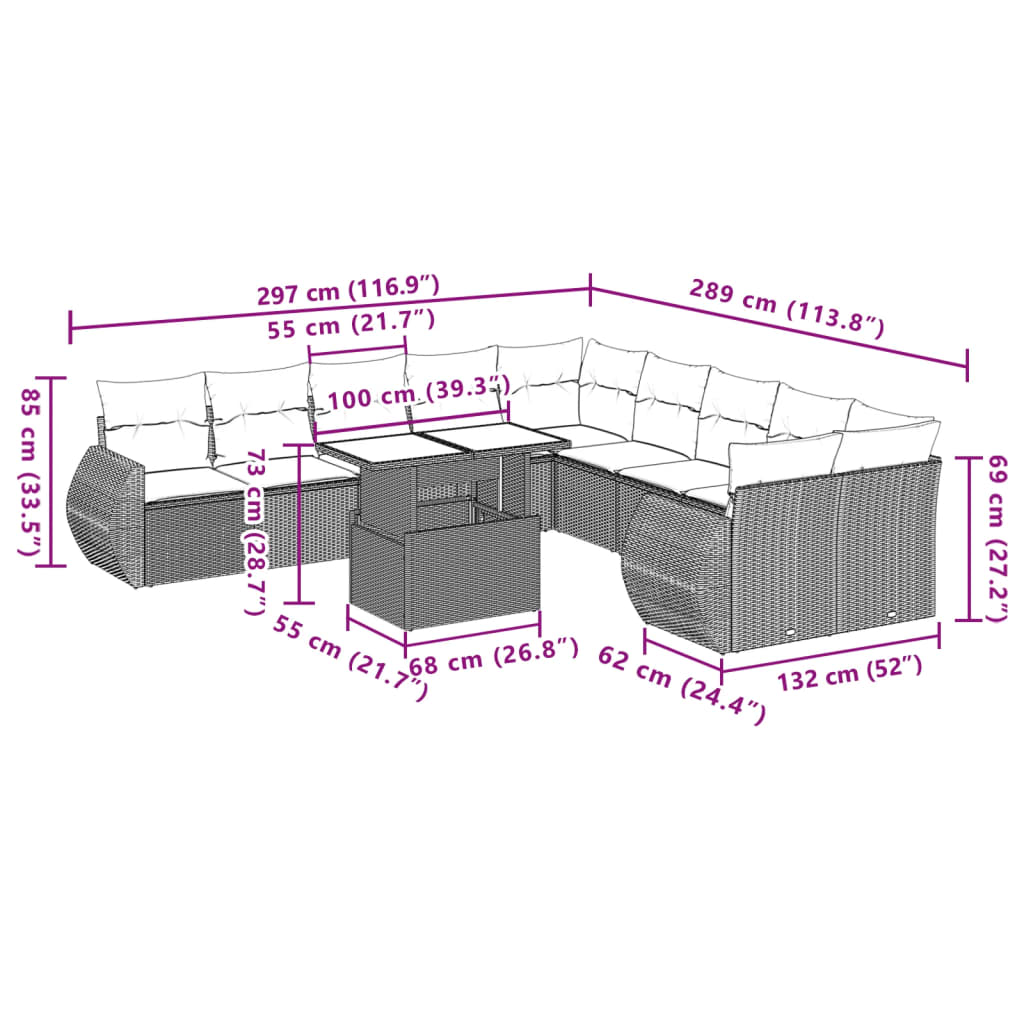 Set Divani da Giardino 11 pz con Cuscini Polyrattan Marrone