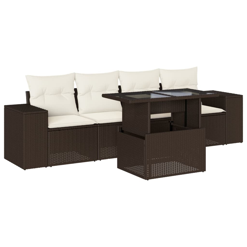 Set Divano da Giardino 5 pz con Cuscini Marrone in Polyrattan