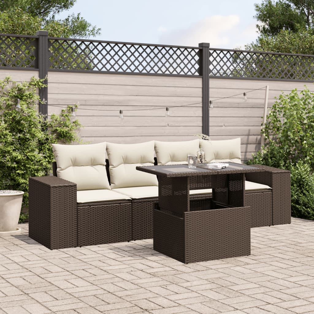 Set Divano da Giardino 5 pz con Cuscini Marrone in Polyrattan