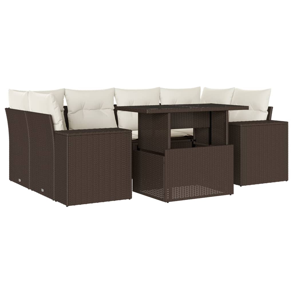 Set Divani da Giardino 7 pz con Cuscini Marrone in Polyrattan