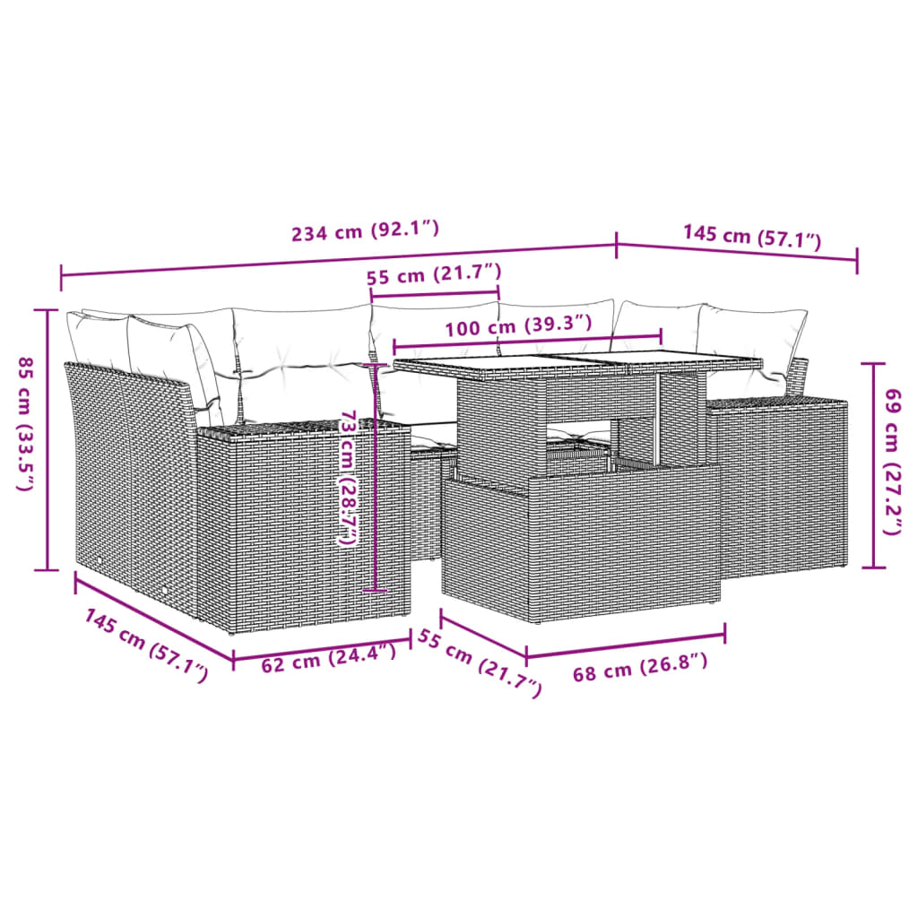 Set Divani da Giardino 7 pz con Cuscini Marrone in Polyrattan