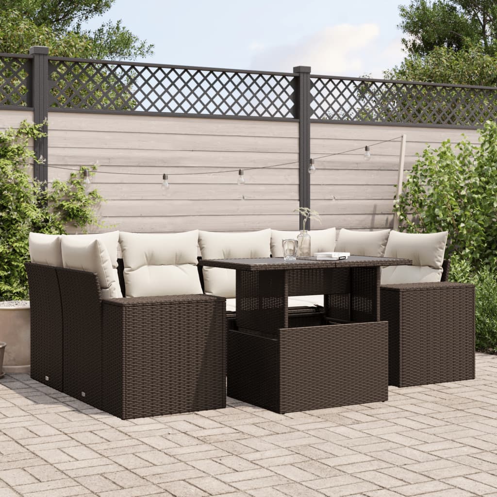 Set Divani da Giardino 7 pz con Cuscini Marrone in Polyrattan