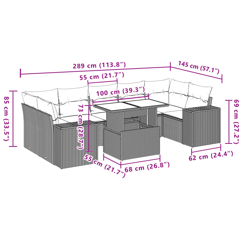 Set Divani da Giardino 8 pz con Cuscini Marrone in Polyrattan