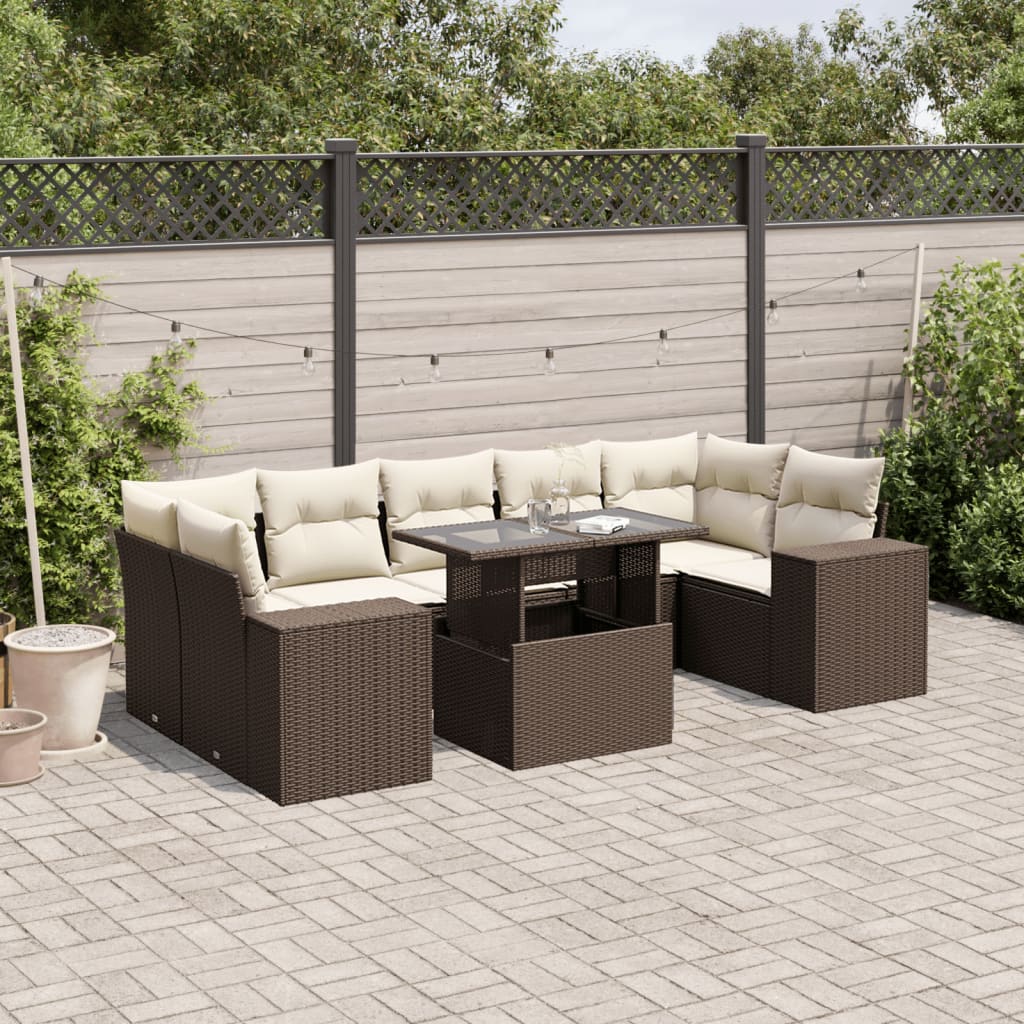 Set Divani da Giardino 8 pz con Cuscini Marrone in Polyrattan