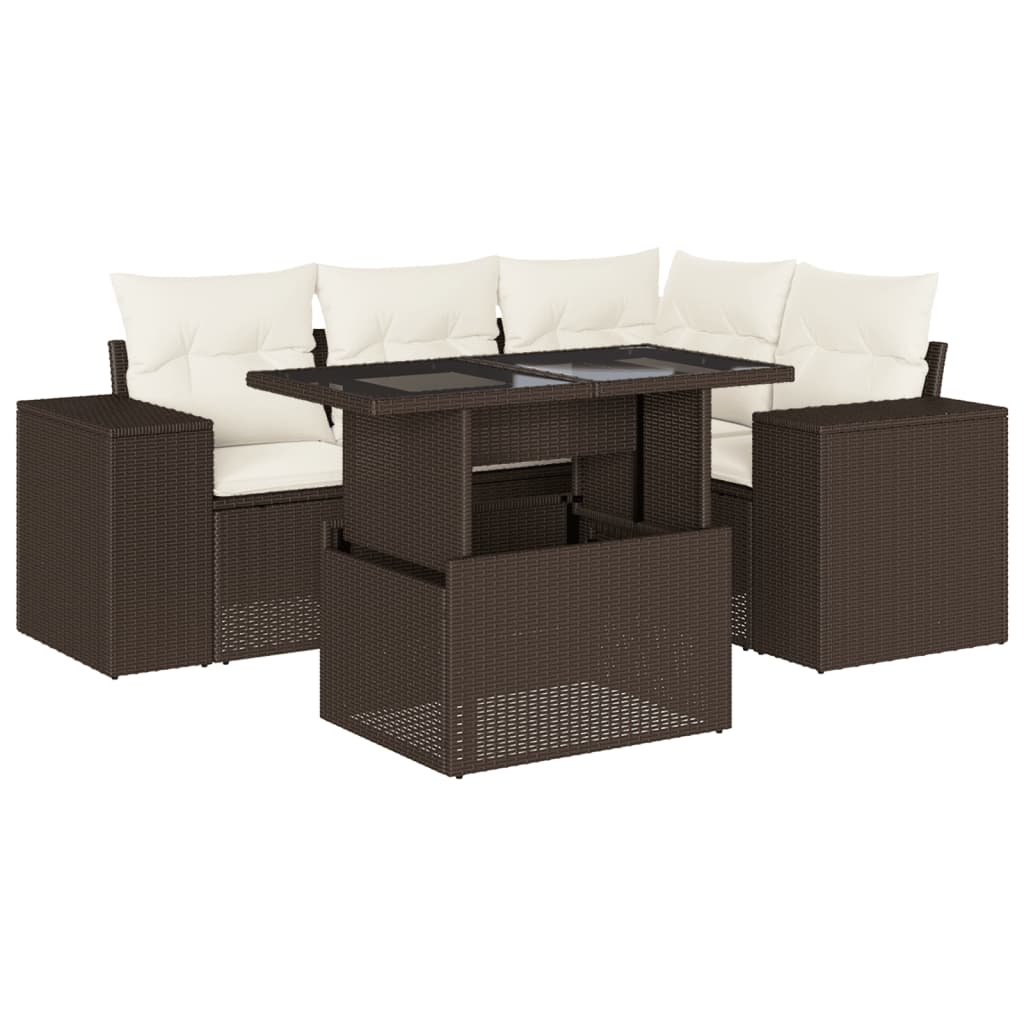 Set Divano da Giardino 5 pz con Cuscini Marrone in Polyrattan