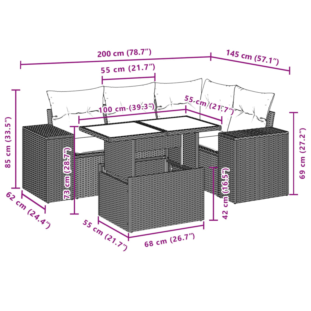 Set Divano da Giardino 5 pz con Cuscini Marrone in Polyrattan