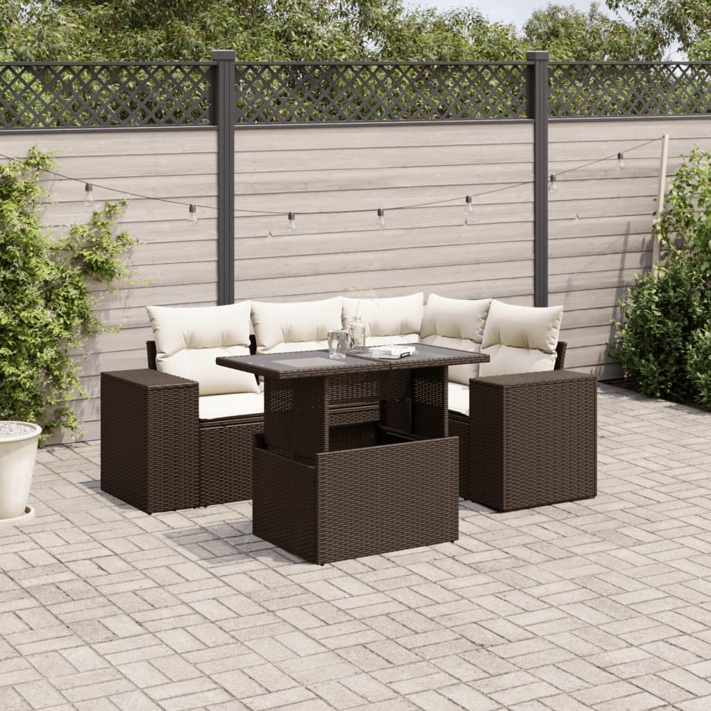 Set Divano da Giardino 5 pz con Cuscini Marrone in Polyrattan