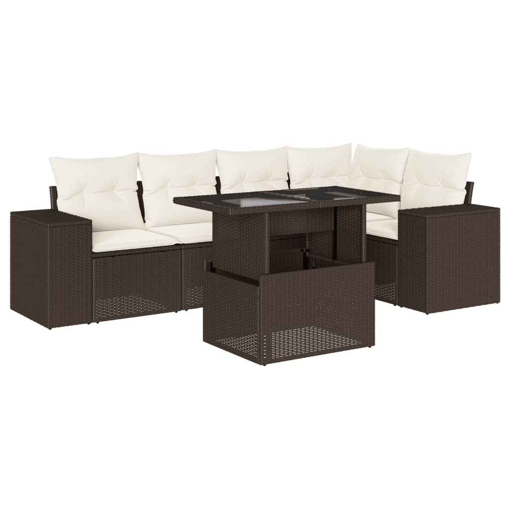 Set Divano da Giardino 6 pz con Cuscini Marrone in Polyrattan