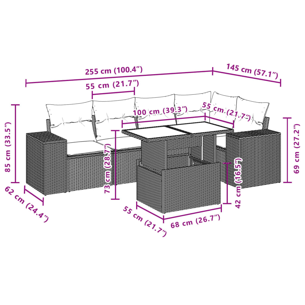 Set Divano da Giardino 6 pz con Cuscini Marrone in Polyrattan