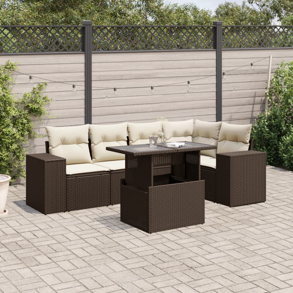 Set Divano da Giardino 6 pz con Cuscini Marrone in Polyrattan