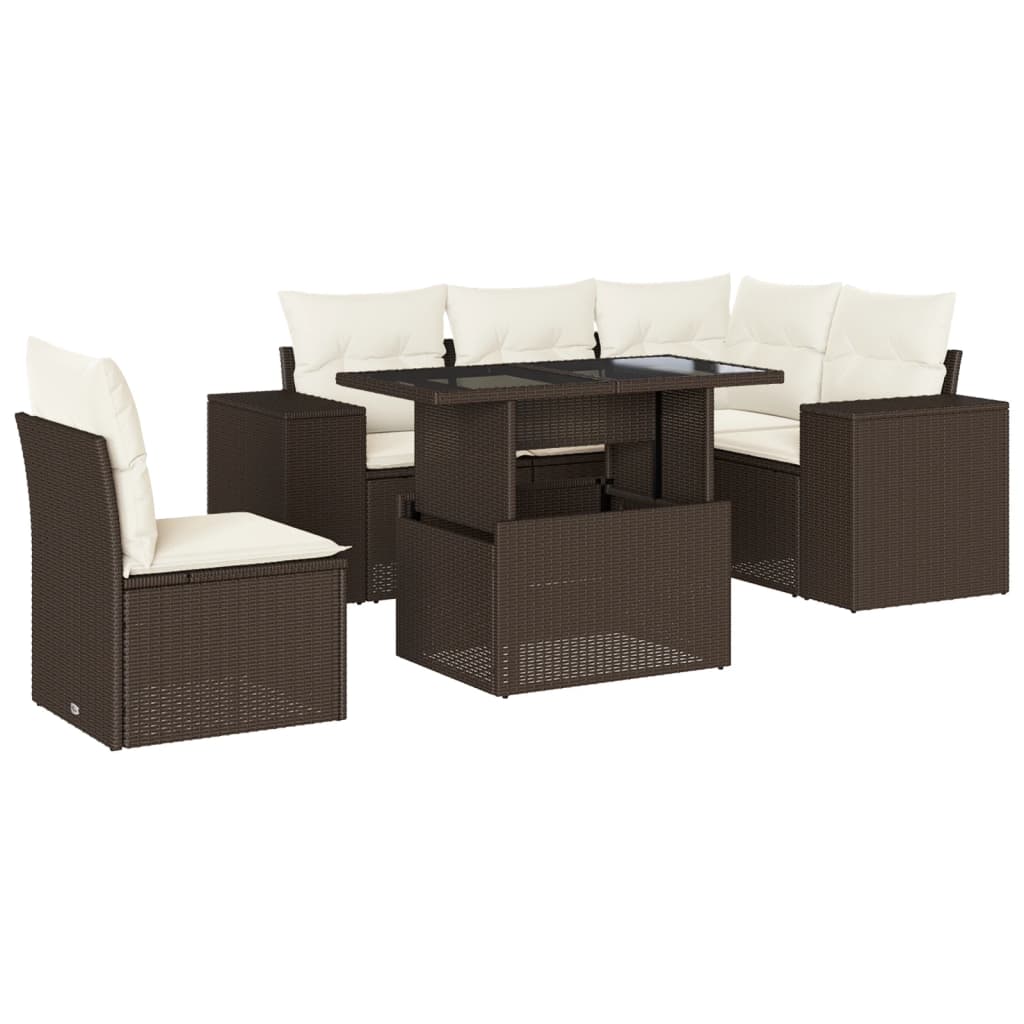 Set Divano da Giardino 6 pz con Cuscini Marrone in Polyrattan