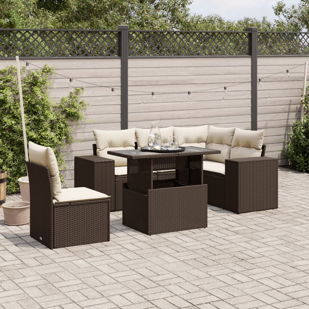 Set Divano da Giardino 6 pz con Cuscini Marrone in Polyrattan