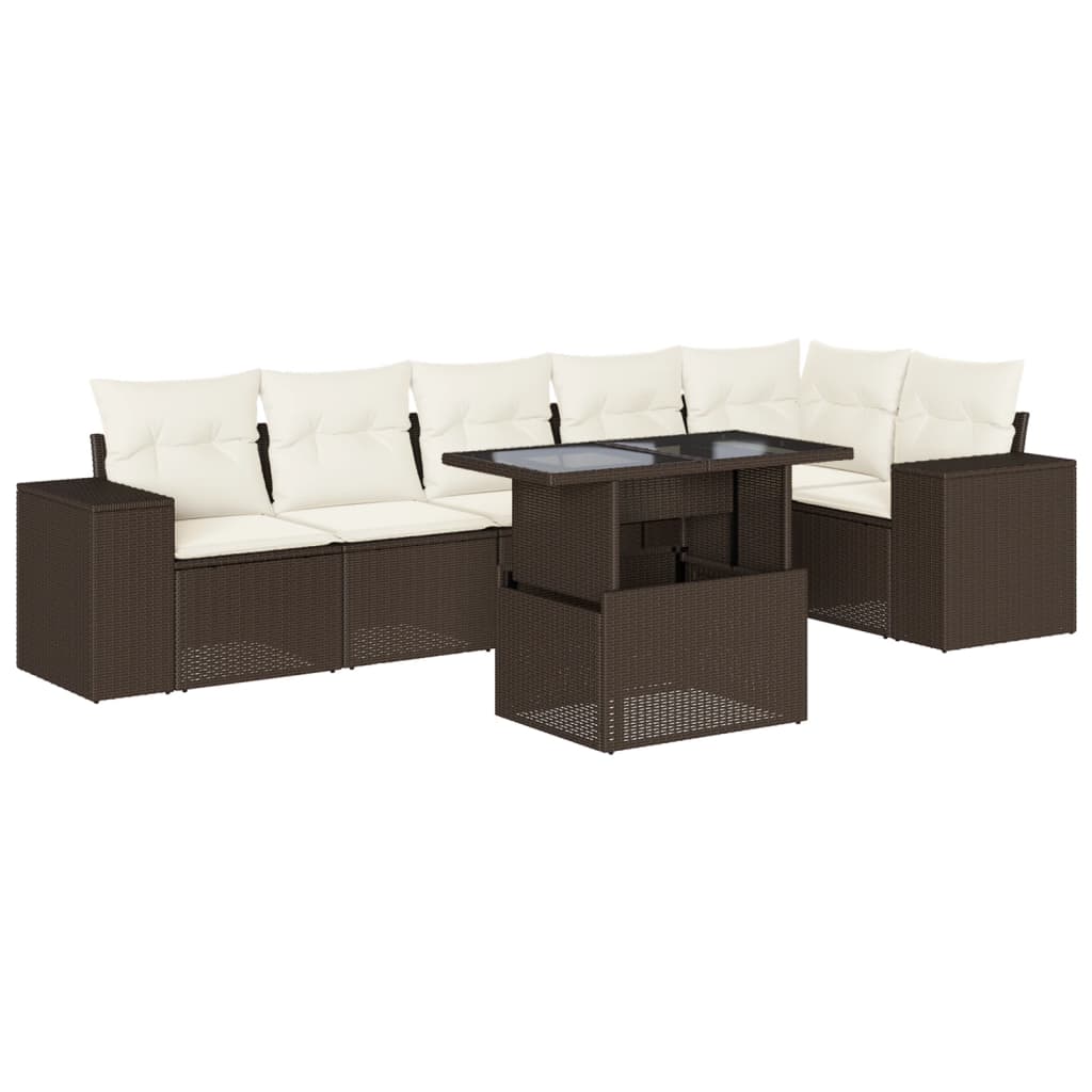 Set Divani da Giardino 7 pz con Cuscini Marrone in Polyrattan