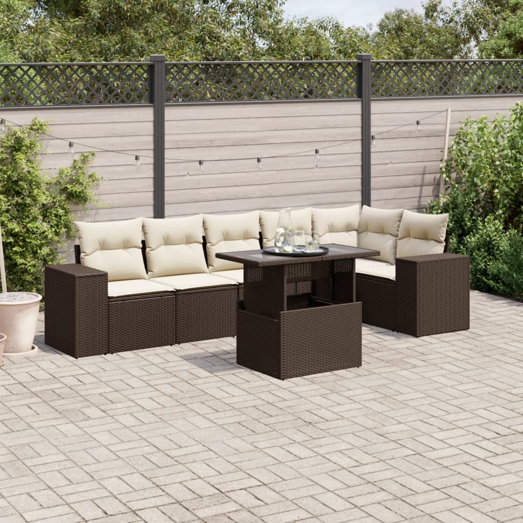 Set Divani da Giardino 7 pz con Cuscini Marrone in Polyrattan