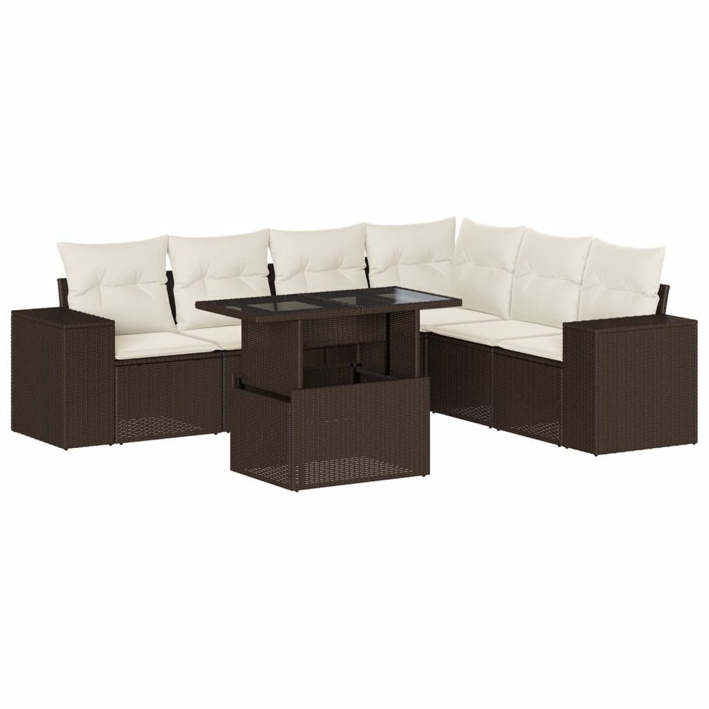 Set Divani da Giardino 7 pz con Cuscini Marrone in Polyrattan