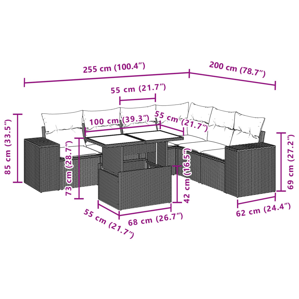 Set Divani da Giardino 7 pz con Cuscini Marrone in Polyrattan