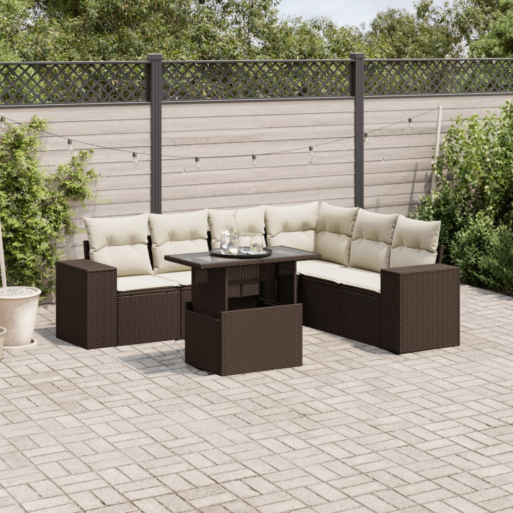 Set Divani da Giardino 7 pz con Cuscini Marrone in Polyrattan