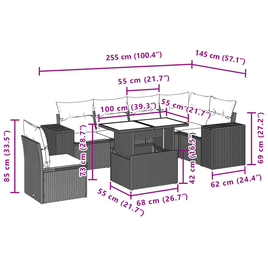 Set Divani da Giardino 7 pz con Cuscini Marrone in Polyrattan