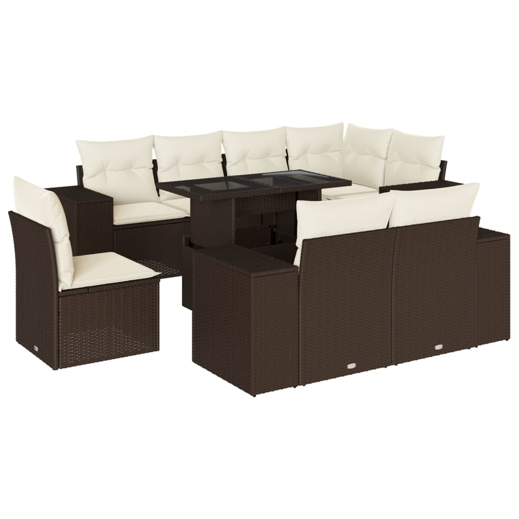 Set Divani da Giardino 9pz con Cuscini Marrone in Polyrattan