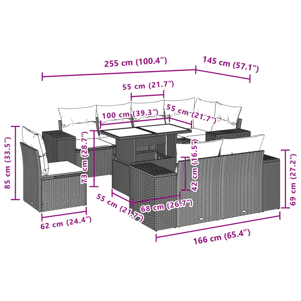 Set Divani da Giardino 9pz con Cuscini Marrone in Polyrattan