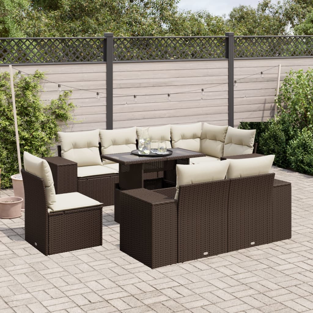 Set Divani da Giardino 9pz con Cuscini Marrone in Polyrattan