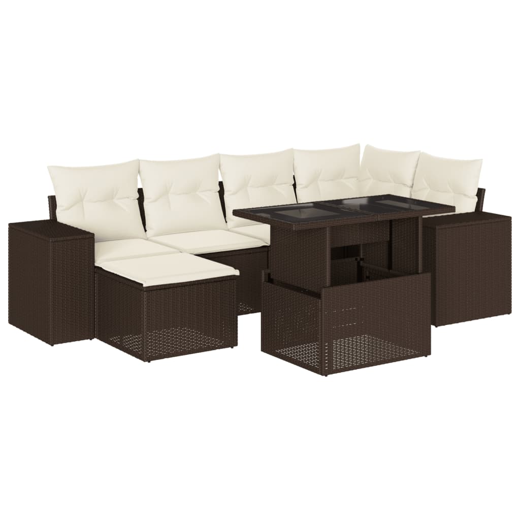 Set Divani da Giardino 7 pz con Cuscini Marrone in Polyrattan