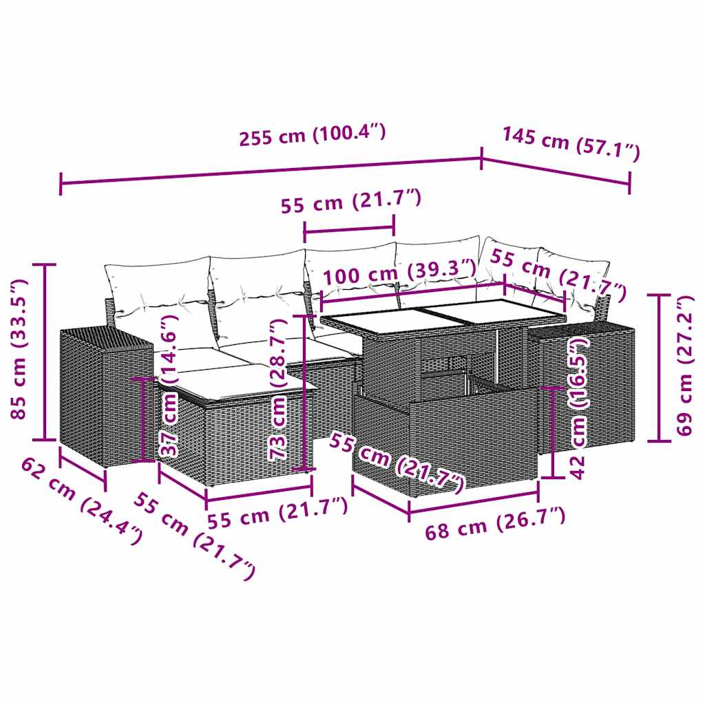 Set Divani da Giardino 7 pz con Cuscini Marrone in Polyrattan