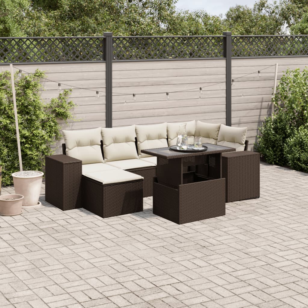 Set Divani da Giardino 7 pz con Cuscini Marrone in Polyrattan