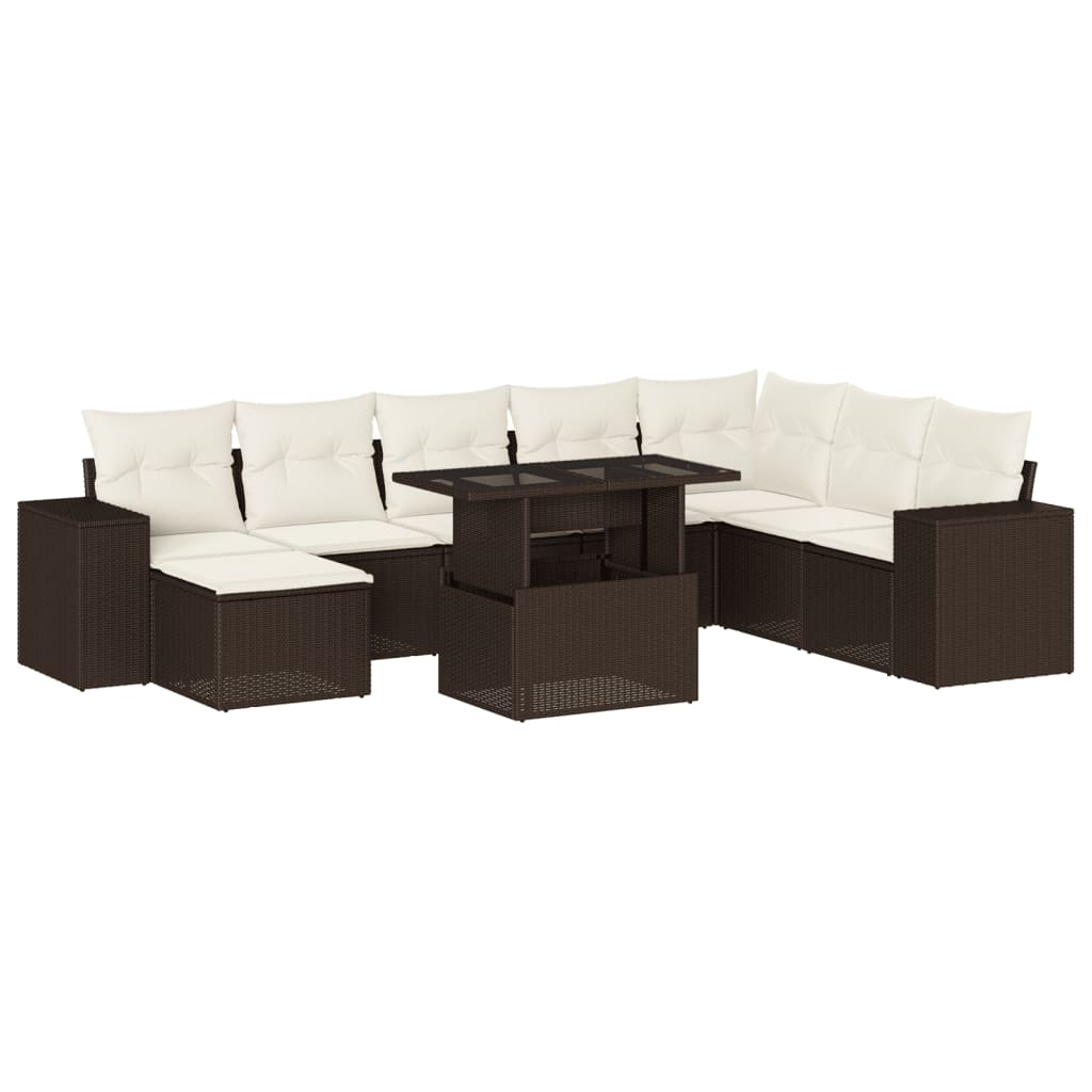 Set Divani da Giardino 9pz con Cuscini Marrone in Polyrattan