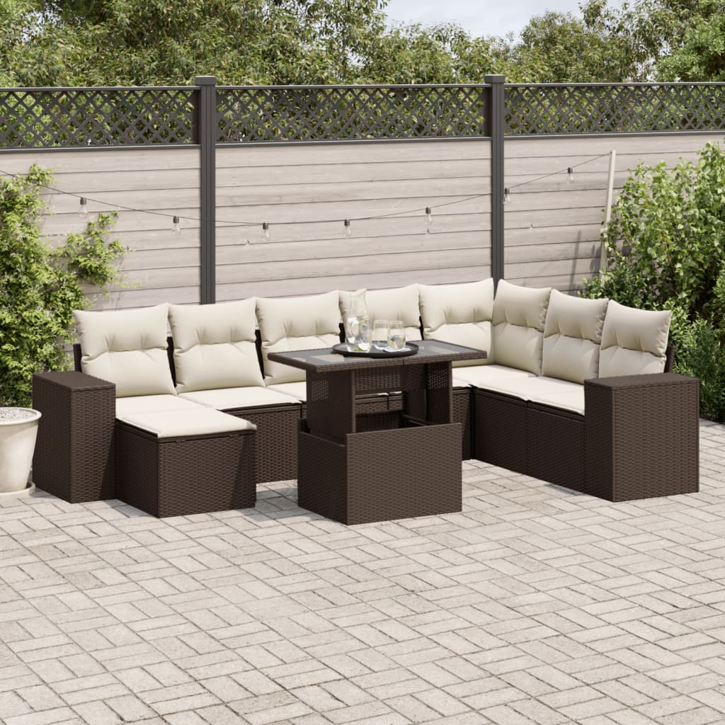 Set Divani da Giardino 9pz con Cuscini Marrone in Polyrattan