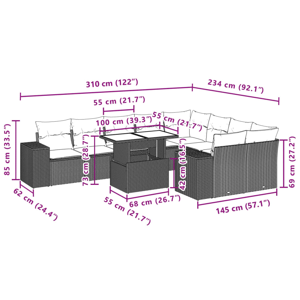 Set Divani da Giardino 10pz con Cuscini in Polyrattan Marrone