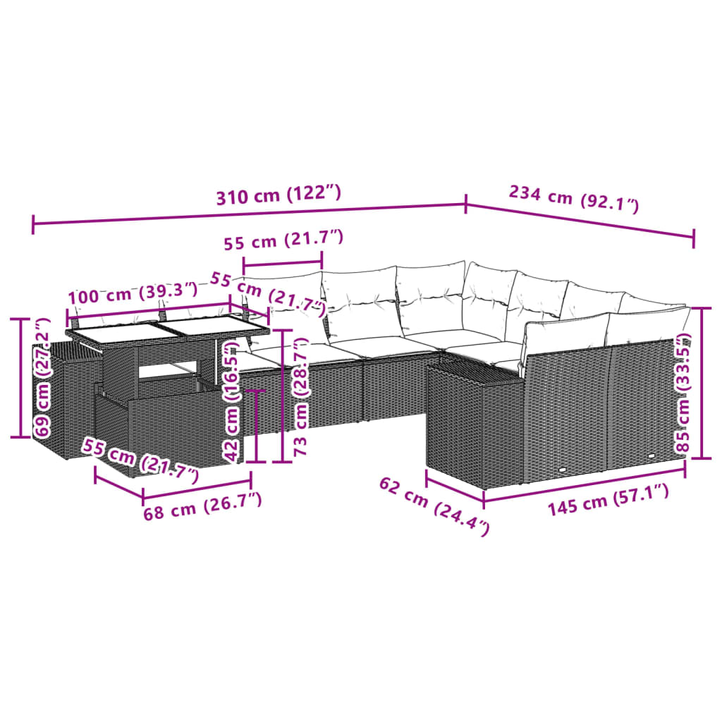 Set Divani da Giardino 10pz con Cuscini in Polyrattan Marrone