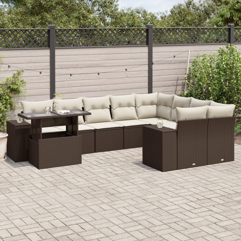 Set Divani da Giardino 10pz con Cuscini in Polyrattan Marrone