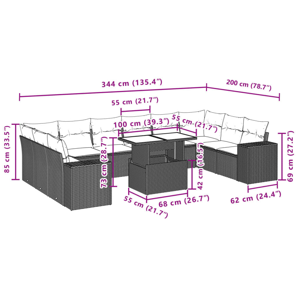 Set Divani da Giardino 11 pz con Cuscini Polyrattan Marrone