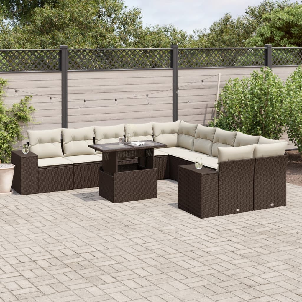 Set Divani da Giardino 11 pz con Cuscini Polyrattan Marrone