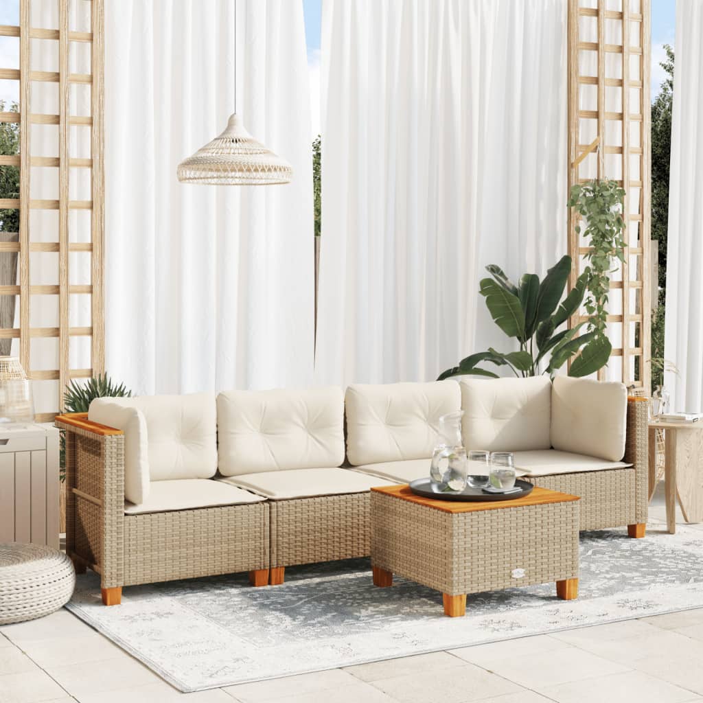 Set Divano da Giardino 5 pz con Cuscini Beige in Polyrattan