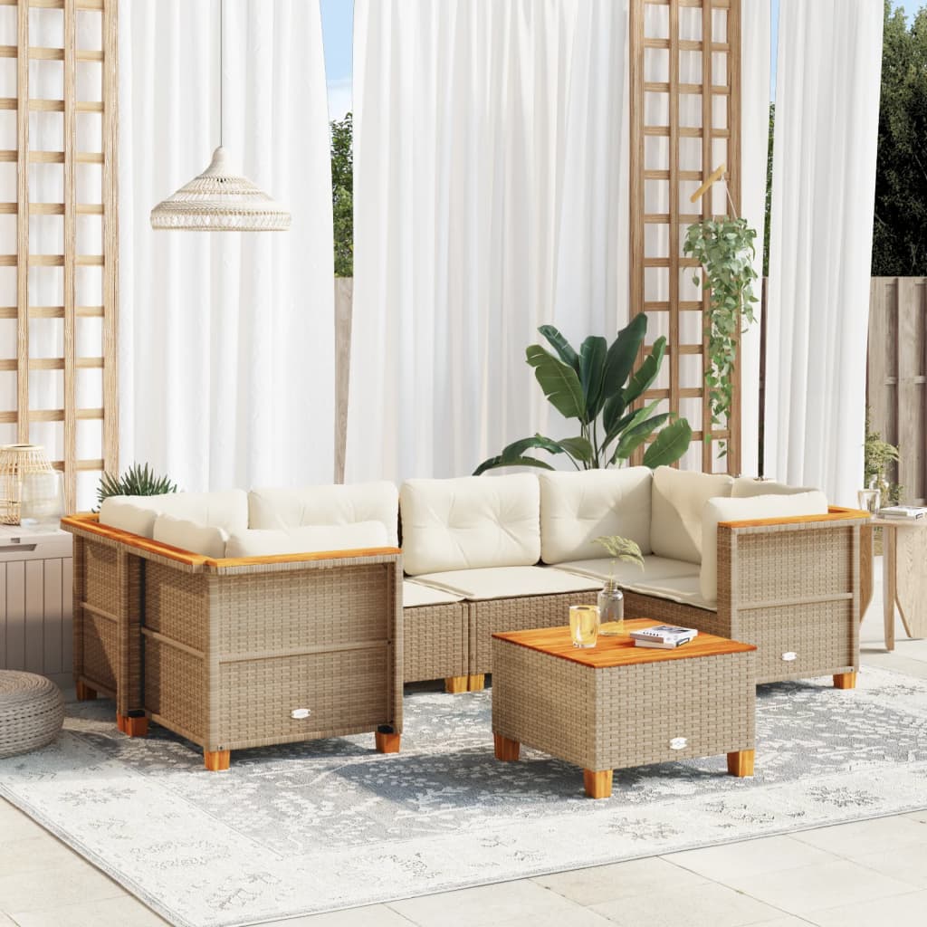 Set Divani da Giardino 7 pz con Cuscini Beige in Polyrattan