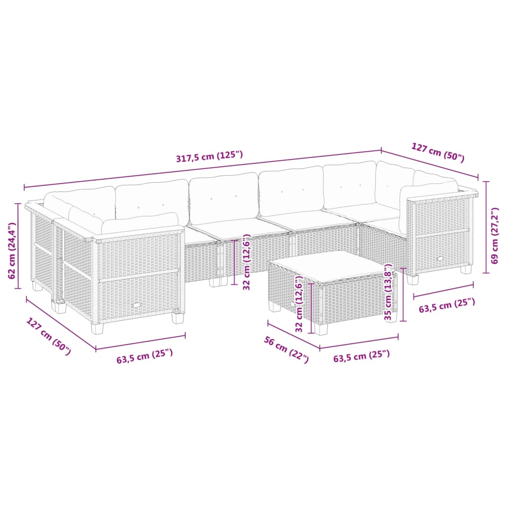 Set Divano da Giardino 8 pz con Cuscini Beige in Polyrattan