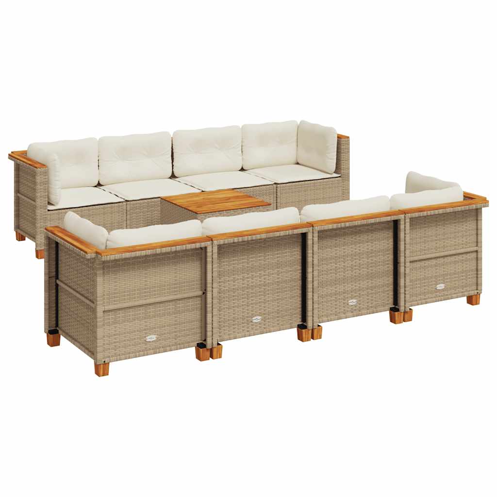 Set Divano da Giardino 9 pz con Cuscini Beige in Polyrattan