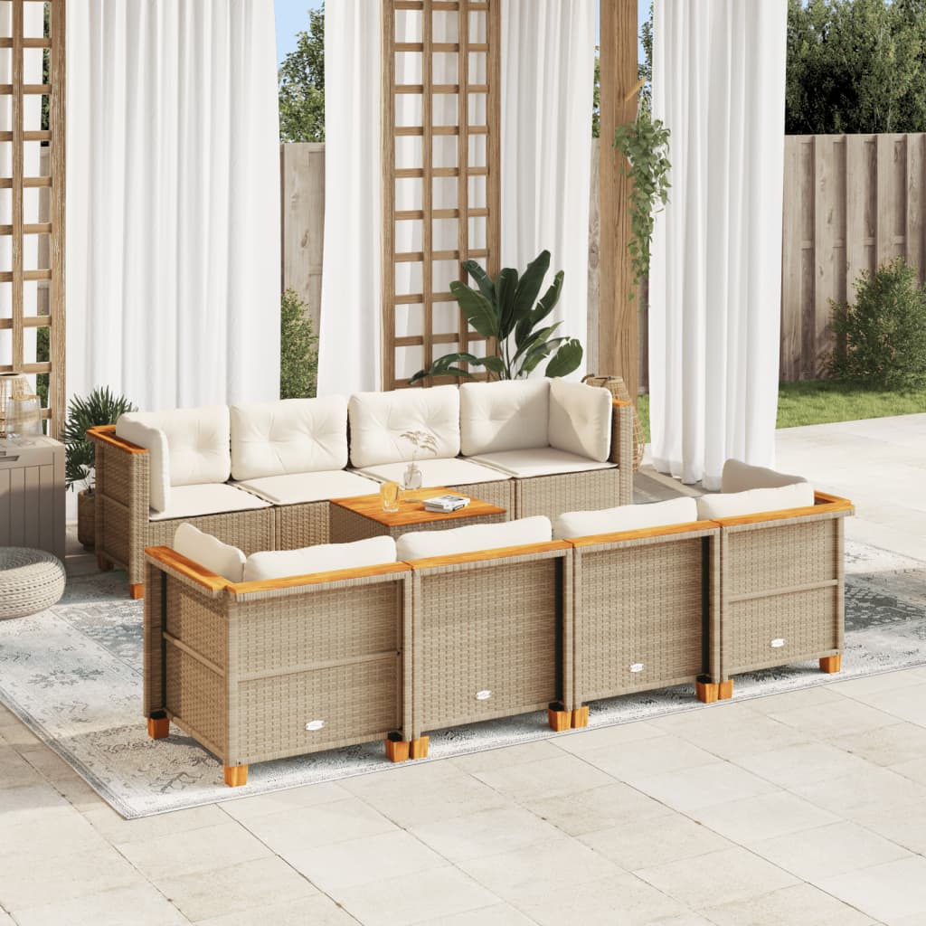 Set Divano da Giardino 9 pz con Cuscini Beige in Polyrattan