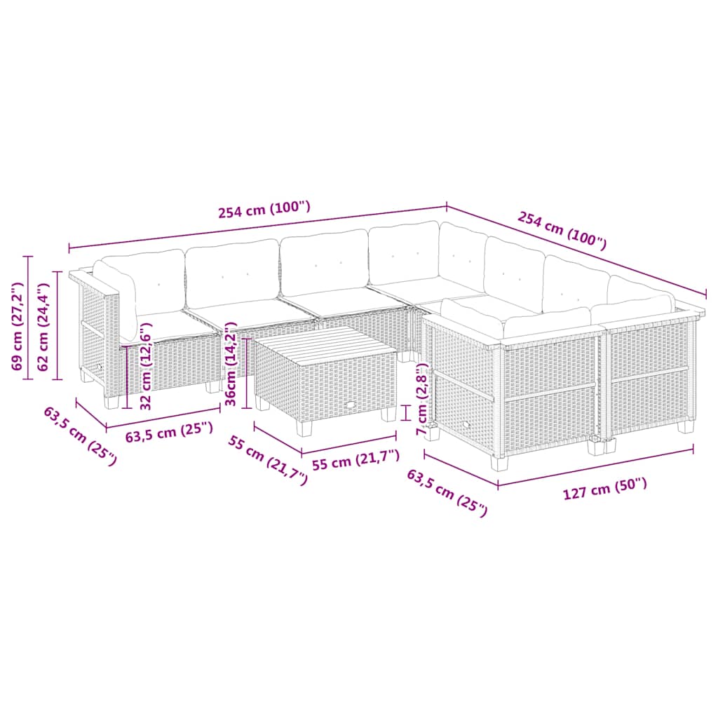 Set Divano da Giardino 9 pz con Cuscini Beige in Polyrattan