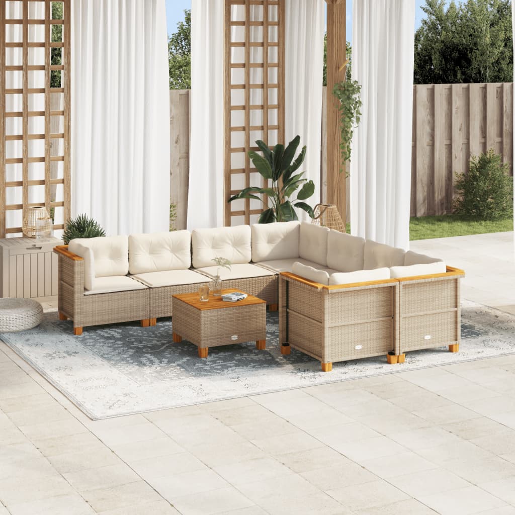 Set Divano da Giardino 9 pz con Cuscini Beige in Polyrattan