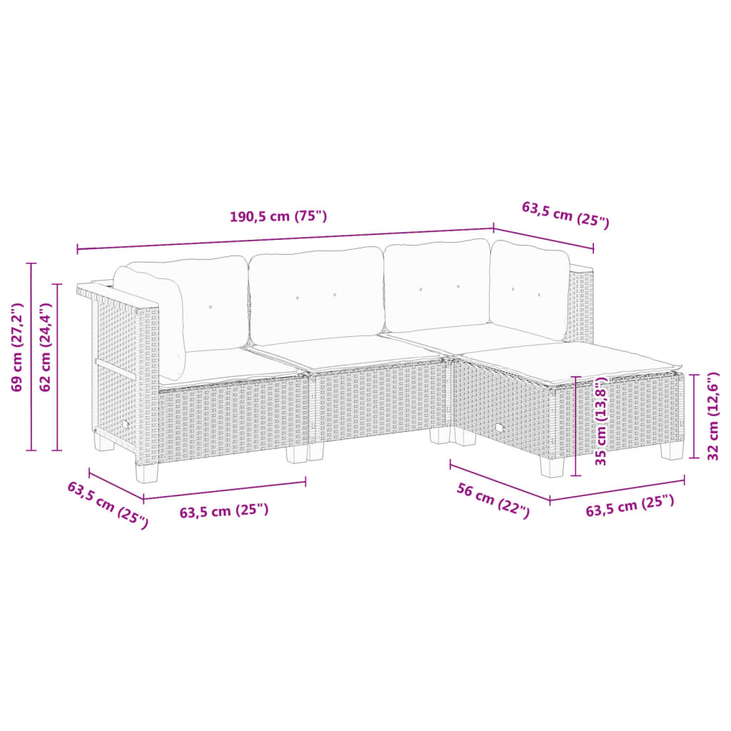 Set Divano da Giardino 4 pz con Cuscini Beige in Polyrattan